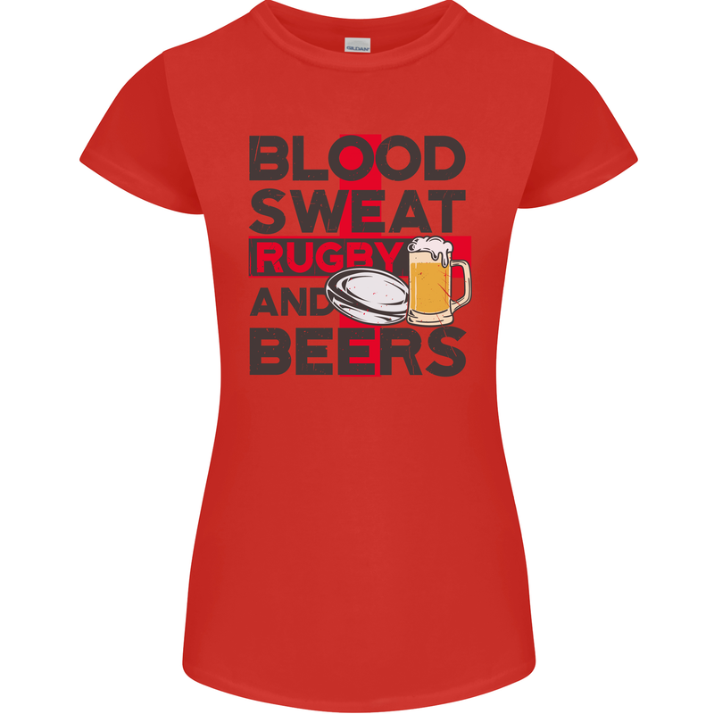 Blood Sweat Rugby and Beers England Funny Womens Petite Cut T-Shirt Red