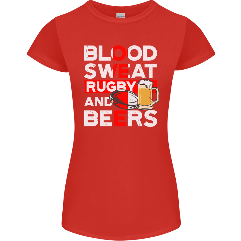 Blood Sweat Rugby and Beers England Funny Womens Petite Cut T-Shirt Red