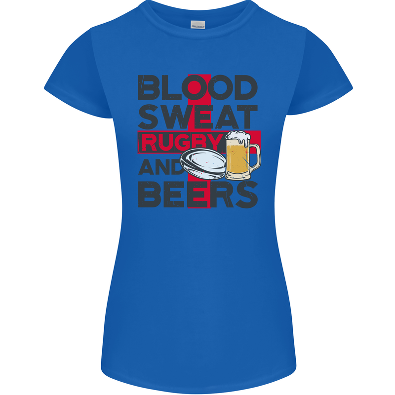 Blood Sweat Rugby and Beers England Funny Womens Petite Cut T-Shirt Royal Blue