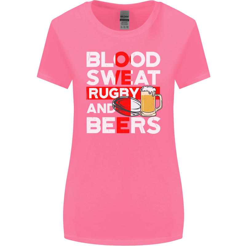 Blood Sweat Rugby and Beers England Funny Womens Wider Cut T-Shirt Azalea