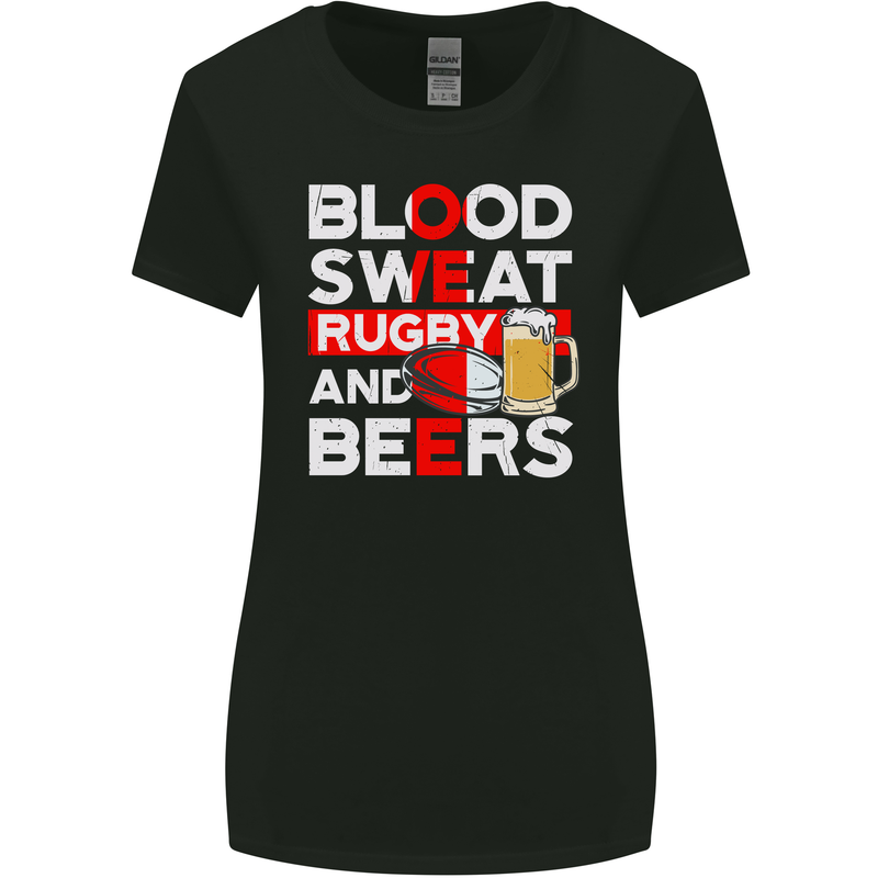 Blood Sweat Rugby and Beers England Funny Womens Wider Cut T-Shirt Black