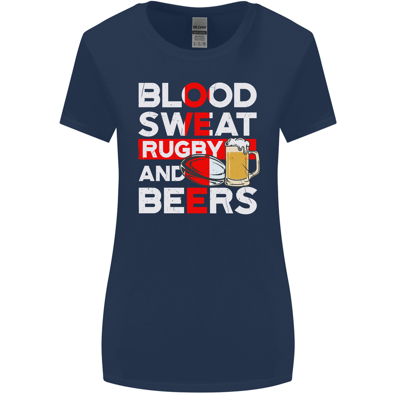 Blood Sweat Rugby and Beers England Funny Womens Wider Cut T-Shirt Navy Blue