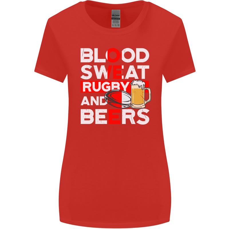 Blood Sweat Rugby and Beers England Funny Womens Wider Cut T-Shirt Red