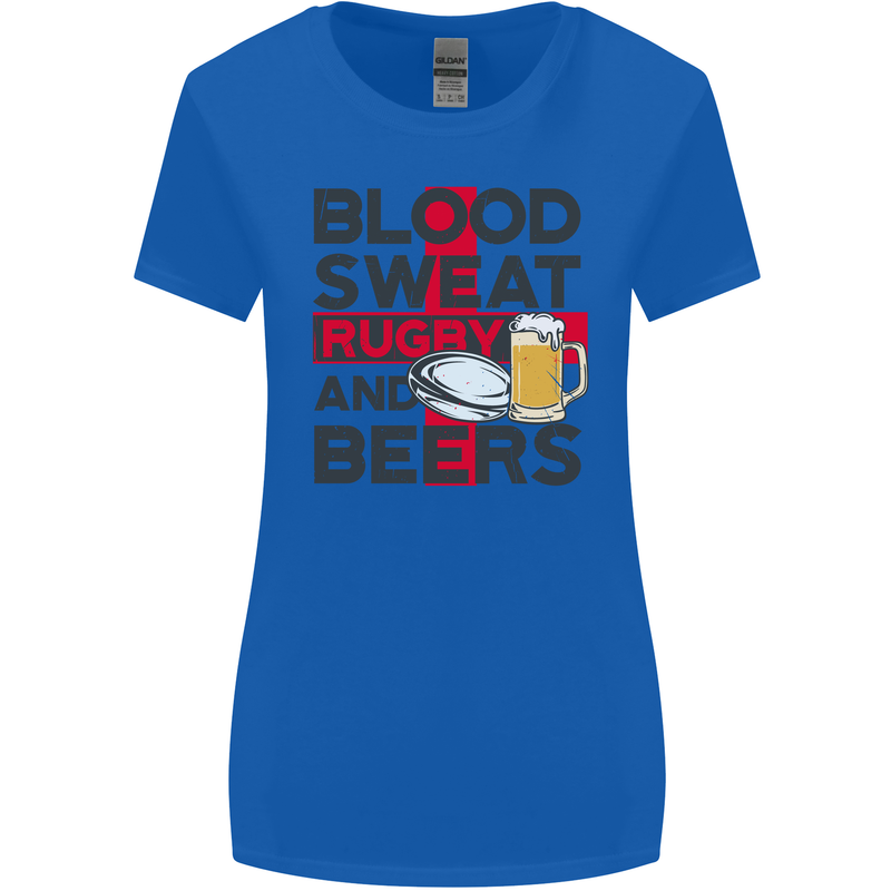 Blood Sweat Rugby and Beers England Funny Womens Wider Cut T-Shirt Royal Blue