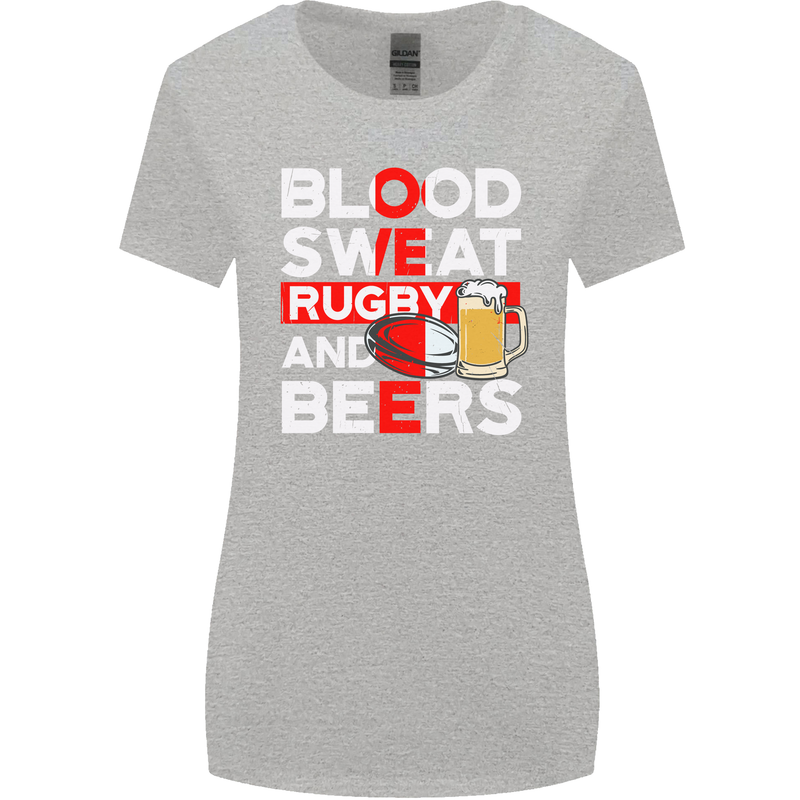 Blood Sweat Rugby and Beers England Funny Womens Wider Cut T-Shirt Sports Grey