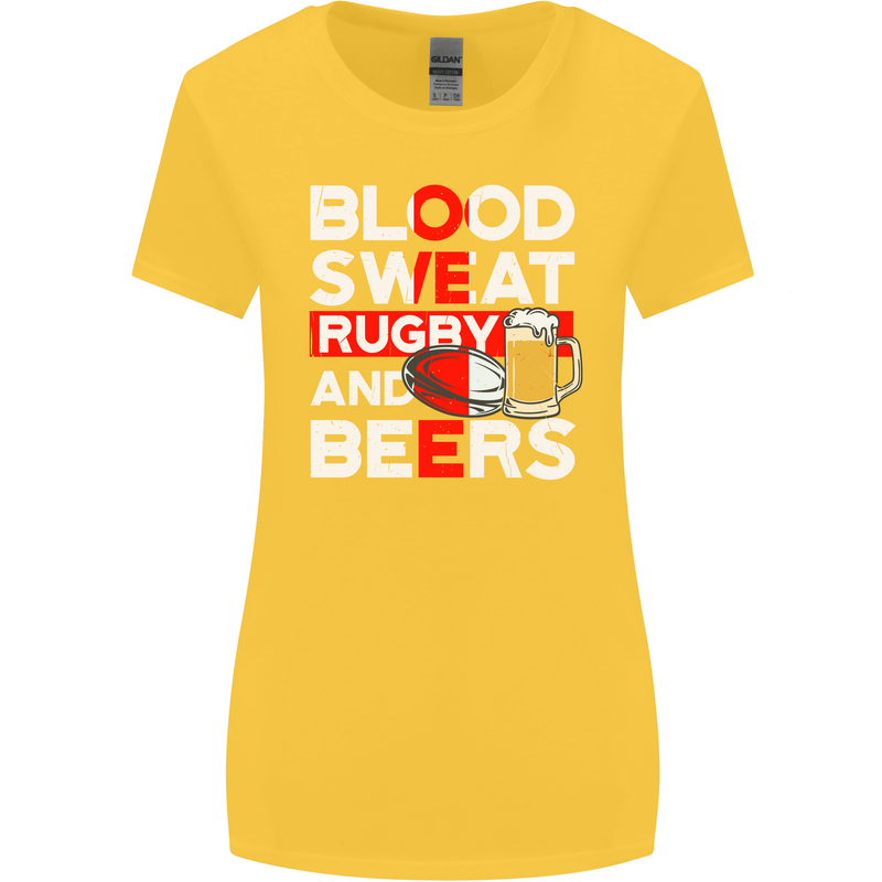 Blood Sweat Rugby and Beers England Funny Womens Wider Cut T-Shirt Yellow