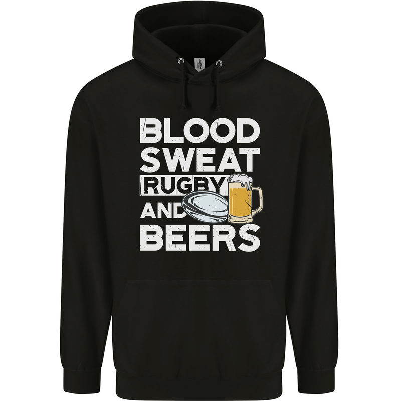 Blood Sweat Rugby and Beers Funny Mens 80% Cotton Hoodie Black