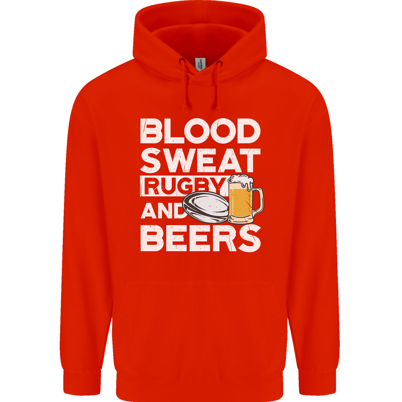 Blood Sweat Rugby and Beers Funny Mens 80% Cotton Hoodie Bright Red