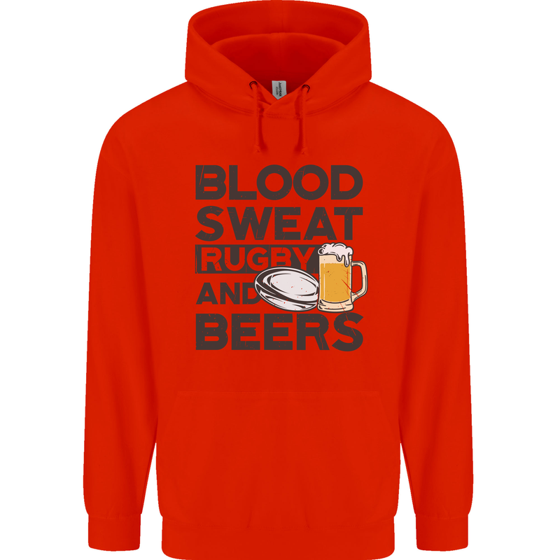 Blood Sweat Rugby and Beers Funny Mens 80% Cotton Hoodie Bright Red