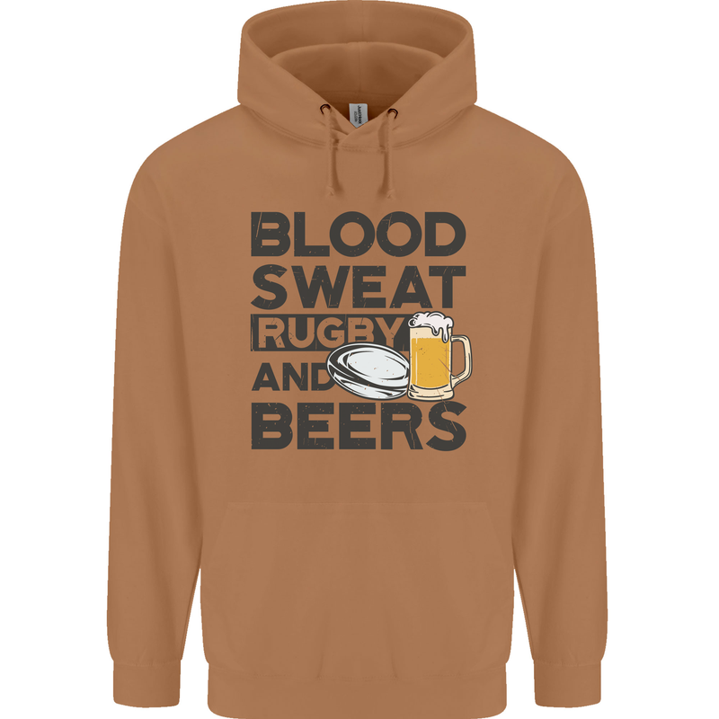 Blood Sweat Rugby and Beers Funny Mens 80% Cotton Hoodie Caramel Latte