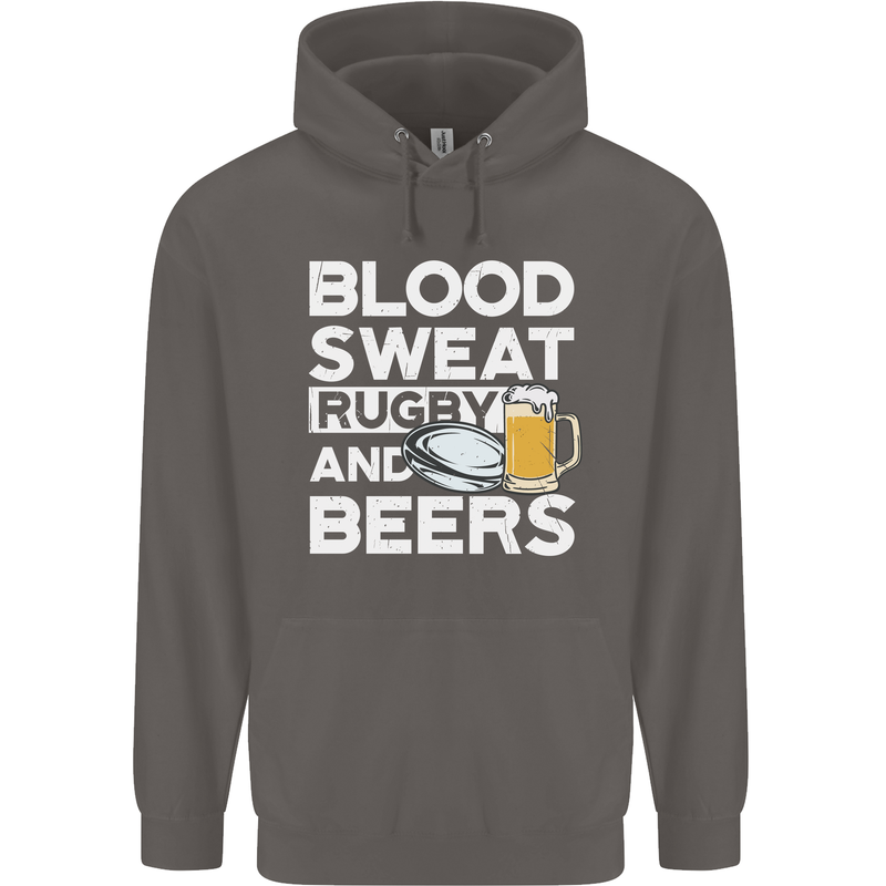 Blood Sweat Rugby and Beers Funny Mens 80% Cotton Hoodie Charcoal