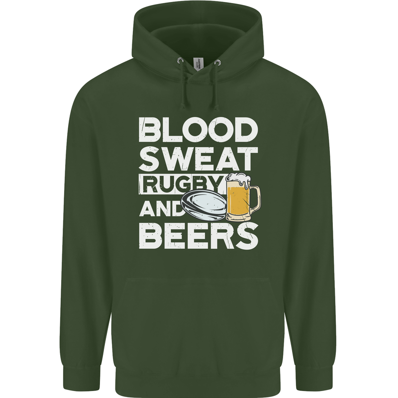 Blood Sweat Rugby and Beers Funny Mens 80% Cotton Hoodie Forest Green