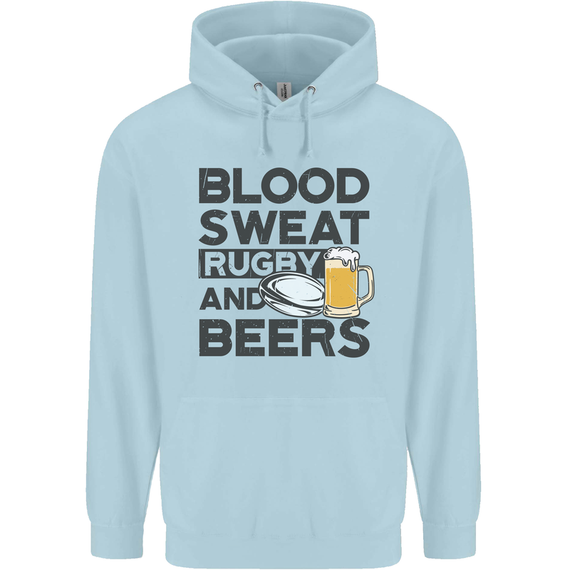 Blood Sweat Rugby and Beers Funny Mens 80% Cotton Hoodie Light Blue