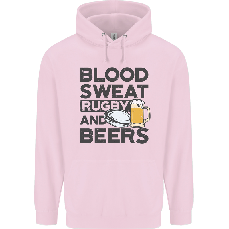 Blood Sweat Rugby and Beers Funny Mens 80% Cotton Hoodie Light Pink