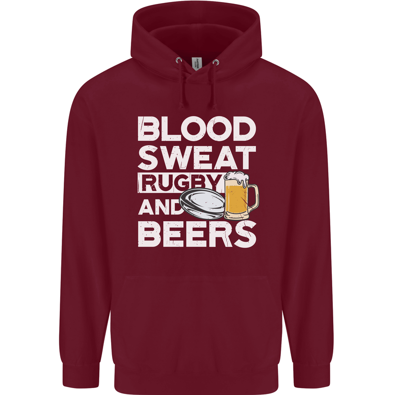 Blood Sweat Rugby and Beers Funny Mens 80% Cotton Hoodie Maroon