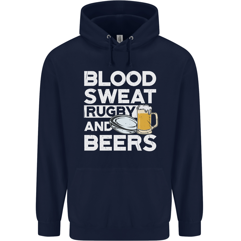 Blood Sweat Rugby and Beers Funny Mens 80% Cotton Hoodie Navy Blue