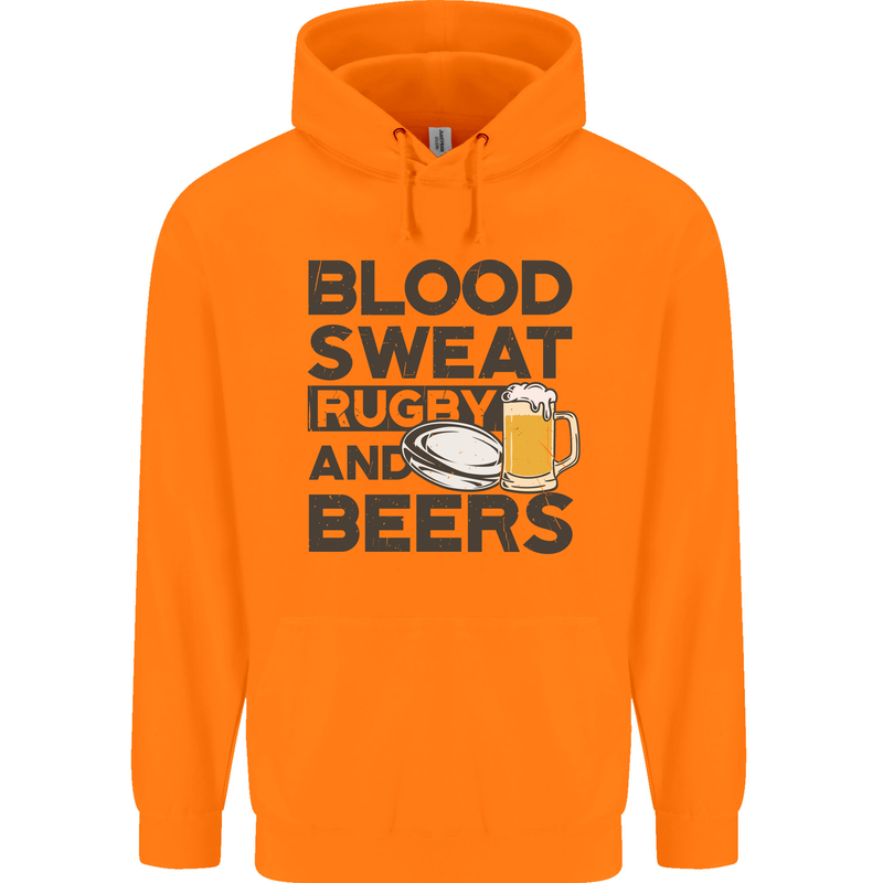 Blood Sweat Rugby and Beers Funny Mens 80% Cotton Hoodie Orange