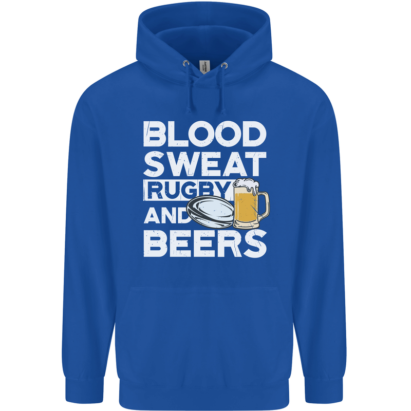 Blood Sweat Rugby and Beers Funny Mens 80% Cotton Hoodie Royal Blue