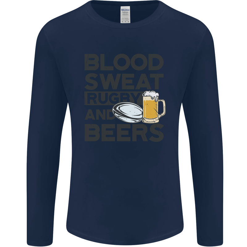 Blood Sweat Rugby and Beers Funny Mens Long Sleeve T-Shirt Navy Blue