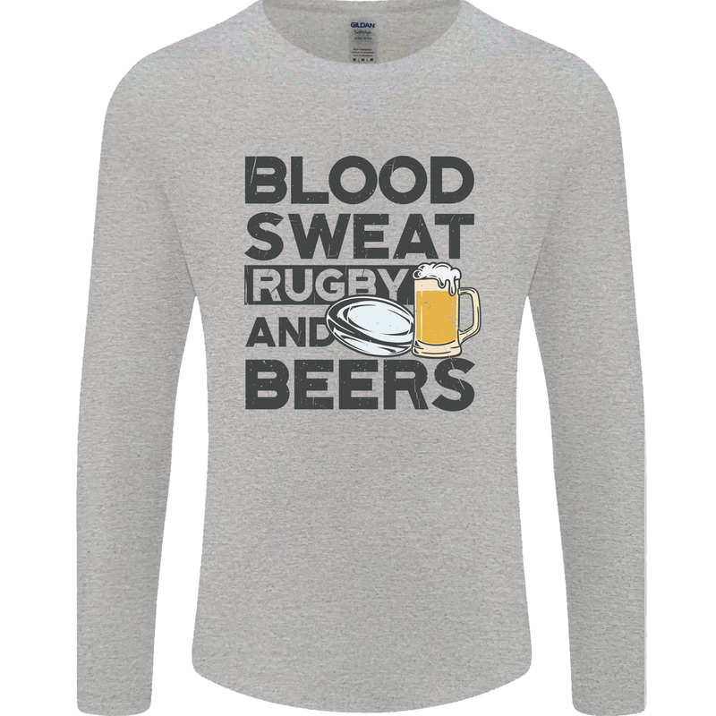 Blood Sweat Rugby and Beers Funny Mens Long Sleeve T-Shirt Sports Grey