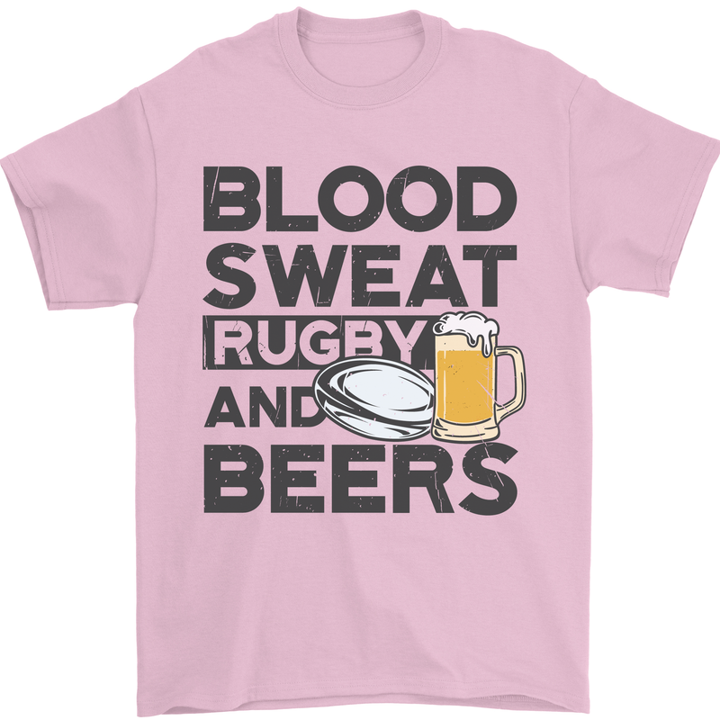 Blood Sweat Rugby and Beers Funny Mens T-Shirt Cotton Gildan Light Pink