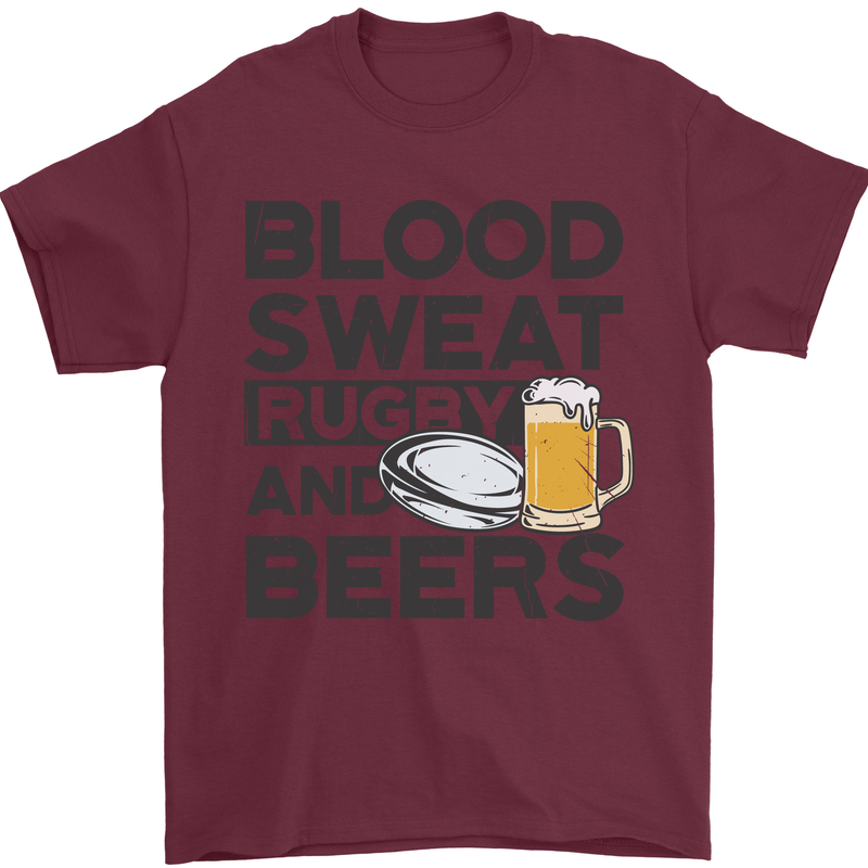 Blood Sweat Rugby and Beers Funny Mens T-Shirt Cotton Gildan Maroon