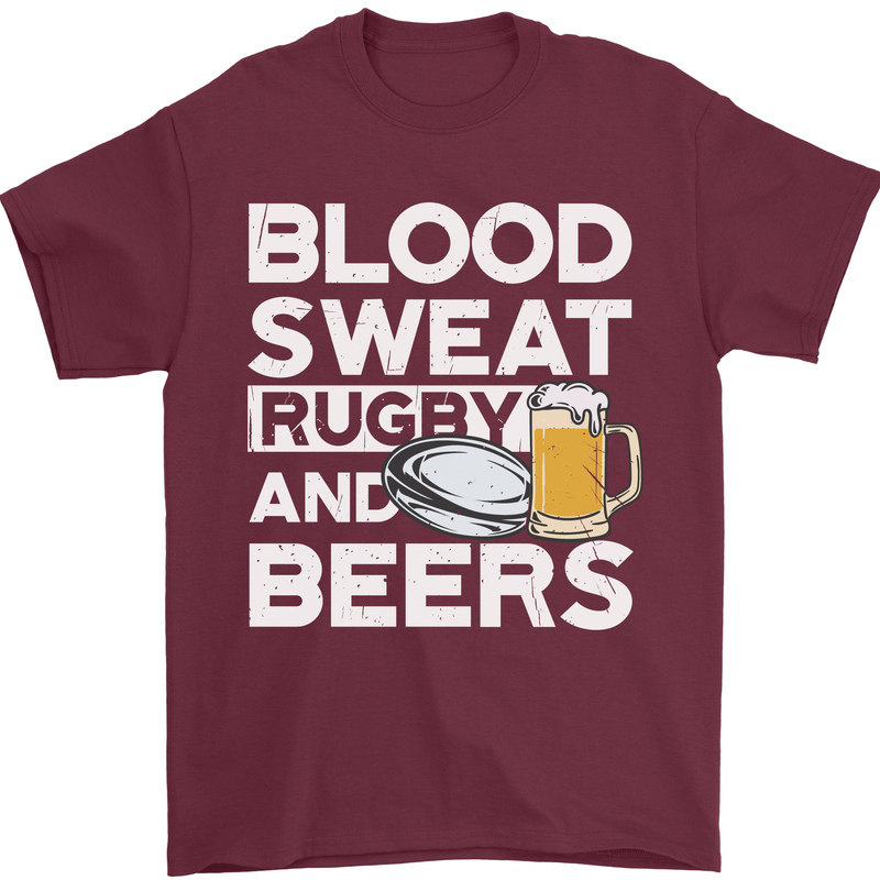 Blood Sweat Rugby and Beers Funny Mens T-Shirt Cotton Gildan Maroon