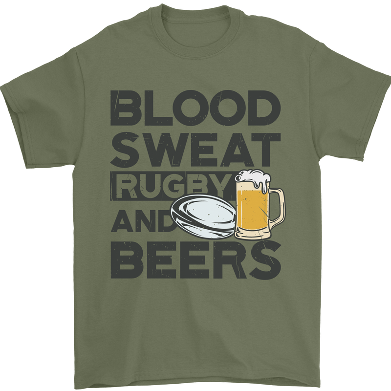 Blood Sweat Rugby and Beers Funny Mens T-Shirt Cotton Gildan Military Green