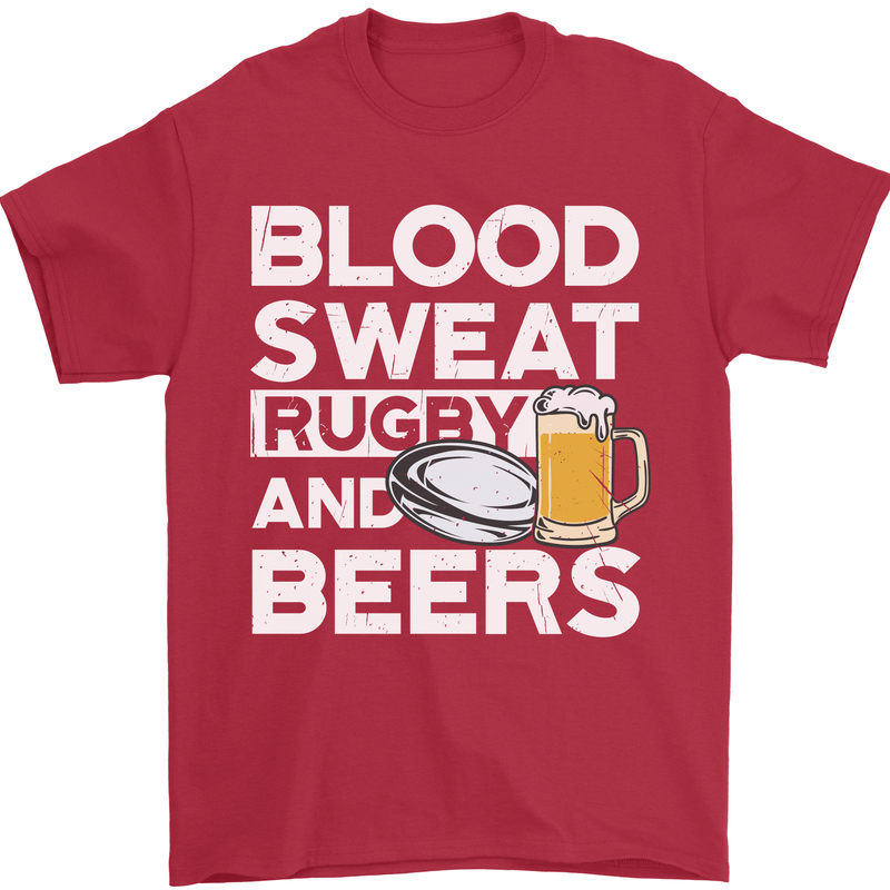 Blood Sweat Rugby and Beers Funny Mens T-Shirt Cotton Gildan Red