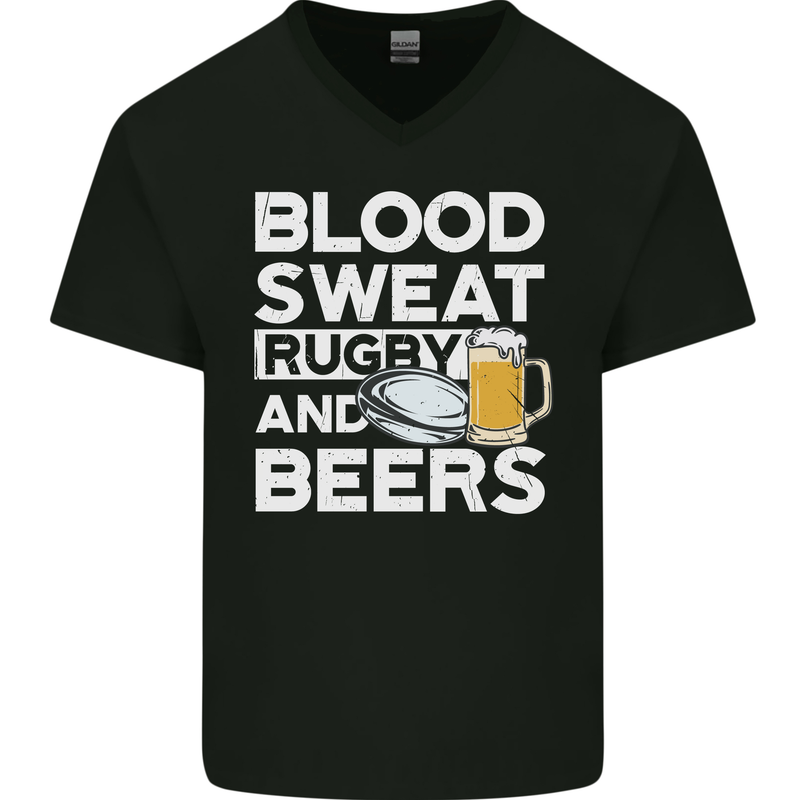 Blood Sweat Rugby and Beers Funny Mens V-Neck Cotton T-Shirt Black