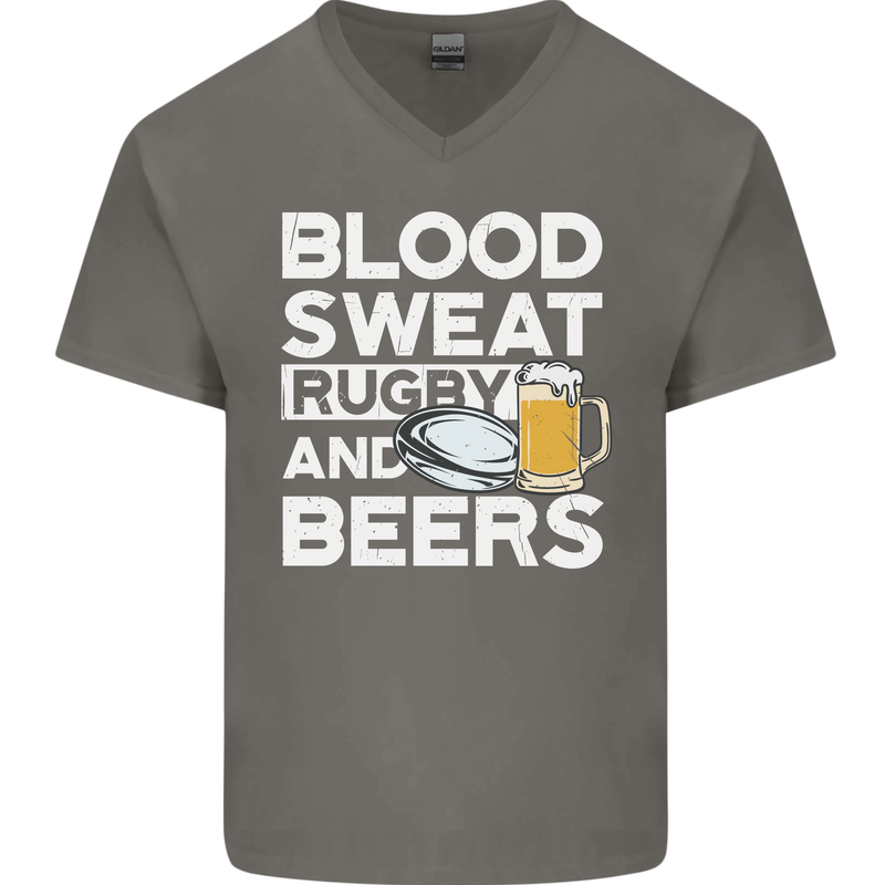 Blood Sweat Rugby and Beers Funny Mens V-Neck Cotton T-Shirt Charcoal