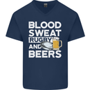 Blood Sweat Rugby and Beers Funny Mens V-Neck Cotton T-Shirt Navy Blue