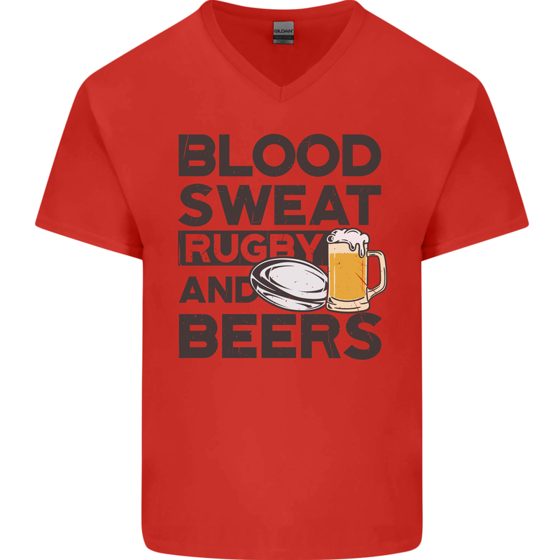 Blood Sweat Rugby and Beers Funny Mens V-Neck Cotton T-Shirt Red
