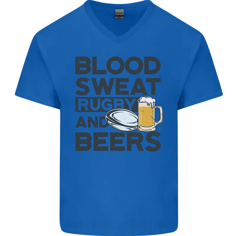 Blood Sweat Rugby and Beers Funny Mens V-Neck Cotton T-Shirt Royal Blue