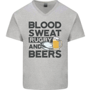 Blood Sweat Rugby and Beers Funny Mens V-Neck Cotton T-Shirt Sports Grey