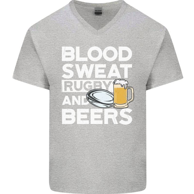 Blood Sweat Rugby and Beers Funny Mens V-Neck Cotton T-Shirt Sports Grey