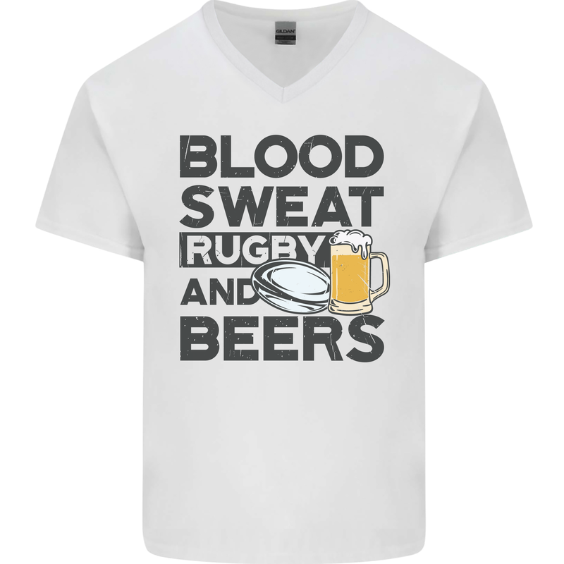Blood Sweat Rugby and Beers Funny Mens V-Neck Cotton T-Shirt White