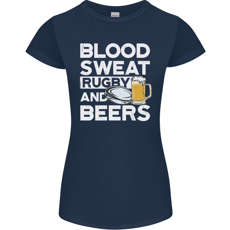 Blood Sweat Rugby and Beers Funny Womens Petite Cut T-Shirt Navy Blue