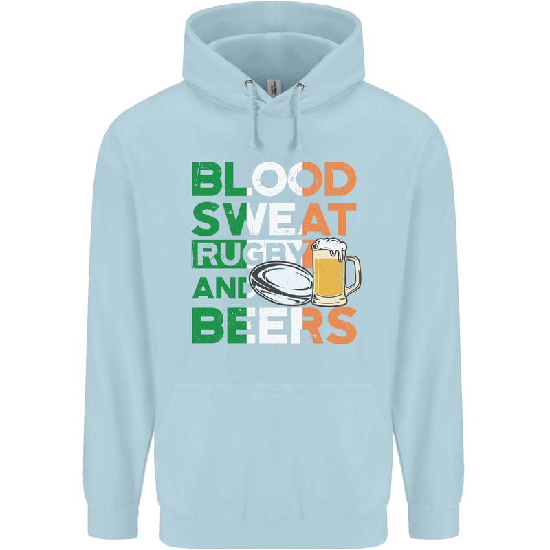 Blood Sweat Rugby and Beers Ireland Funny Childrens Kids Hoodie Light Blue