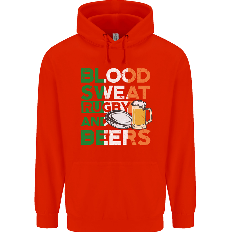 Blood Sweat Rugby and Beers Ireland Funny Mens 80% Cotton Hoodie Bright Red