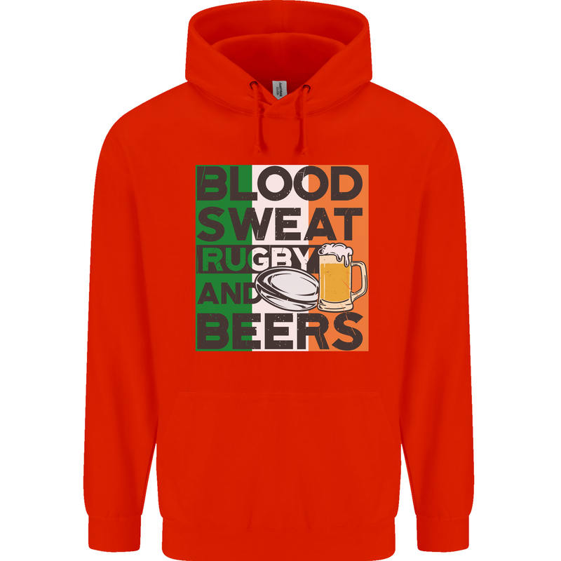 Blood Sweat Rugby and Beers Ireland Funny Mens 80% Cotton Hoodie Bright Red