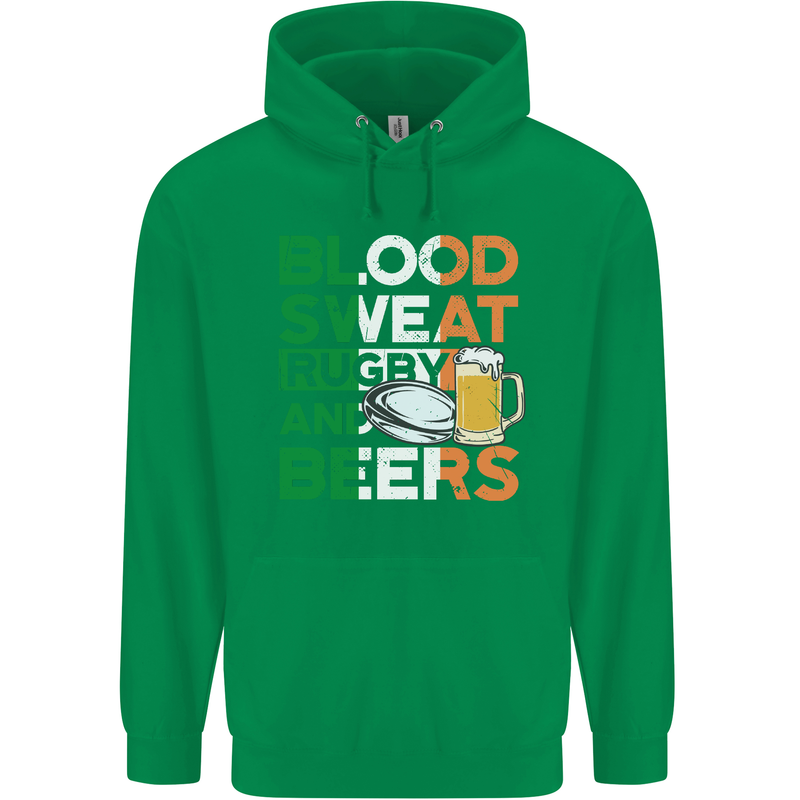 Blood Sweat Rugby and Beers Ireland Funny Mens 80% Cotton Hoodie Irish Green