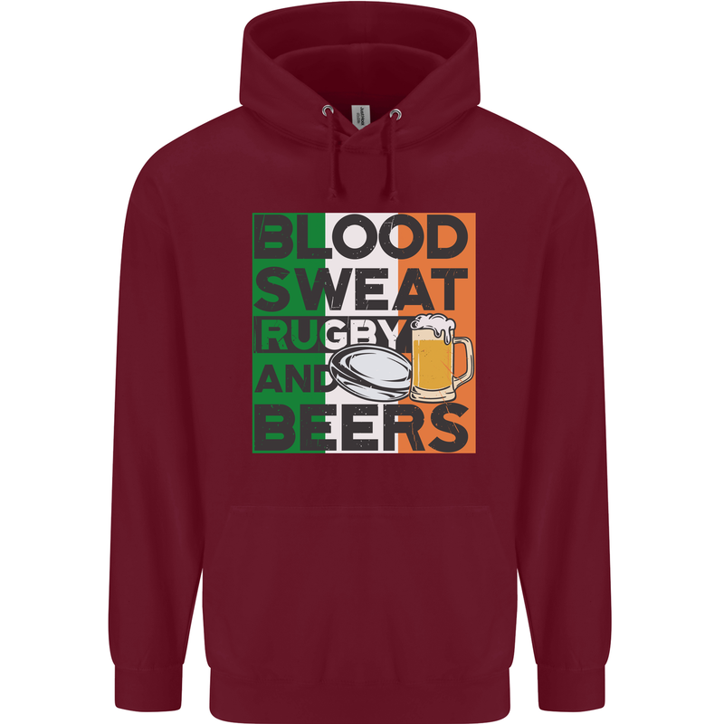 Blood Sweat Rugby and Beers Ireland Funny Mens 80% Cotton Hoodie Maroon