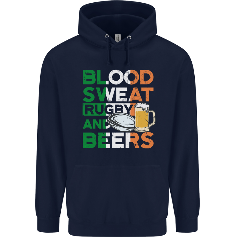 Blood Sweat Rugby and Beers Ireland Funny Mens 80% Cotton Hoodie Navy Blue