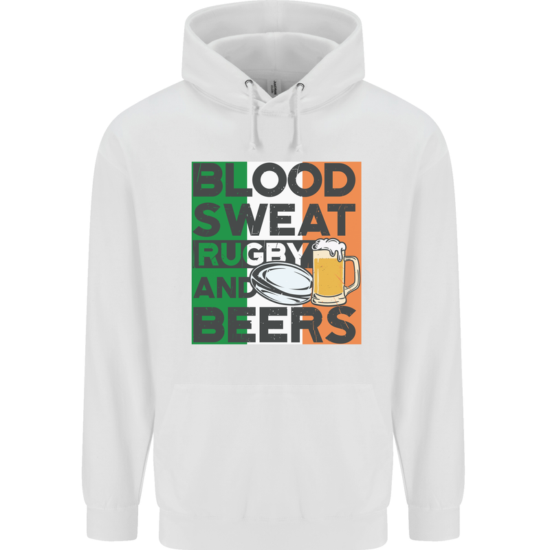 Blood Sweat Rugby and Beers Ireland Funny Mens 80% Cotton Hoodie White