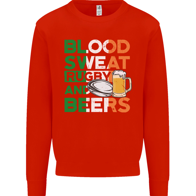 Blood Sweat Rugby and Beers Ireland Funny Mens Sweatshirt Jumper Bright Red