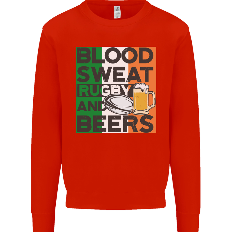 Blood Sweat Rugby and Beers Ireland Funny Mens Sweatshirt Jumper Bright Red
