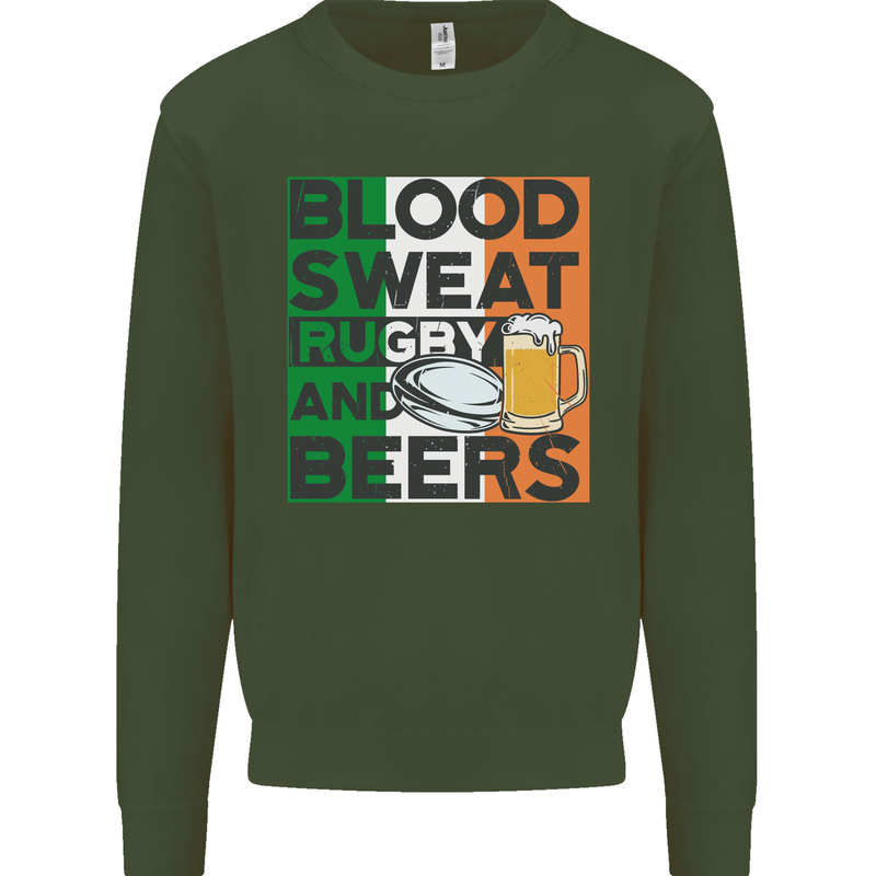 Blood Sweat Rugby and Beers Ireland Funny Mens Sweatshirt Jumper Forest Green