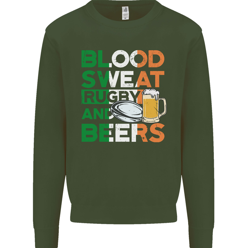 Blood Sweat Rugby and Beers Ireland Funny Mens Sweatshirt Jumper Forest Green