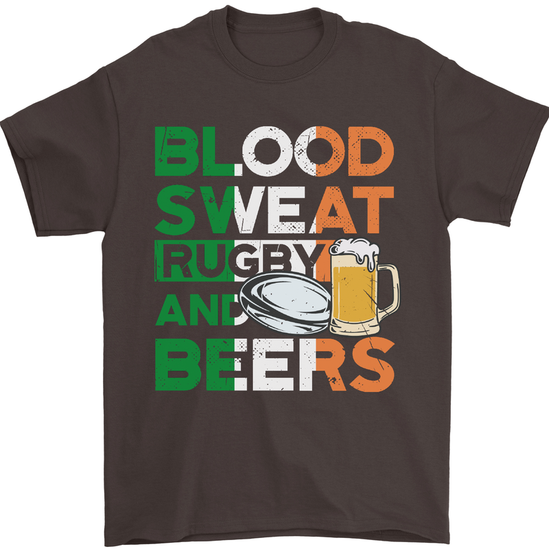 Blood Sweat Rugby and Beers Ireland Funny Mens T-Shirt Cotton Gildan Dark Chocolate
